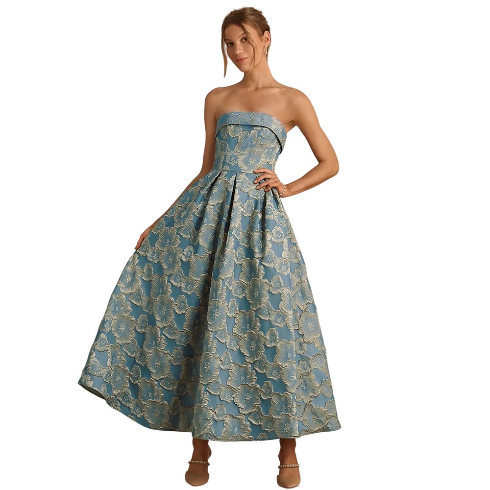 Azazie Atelier Florentine Lake Blue Maxi Dress Strapless Evening Gown Size 4